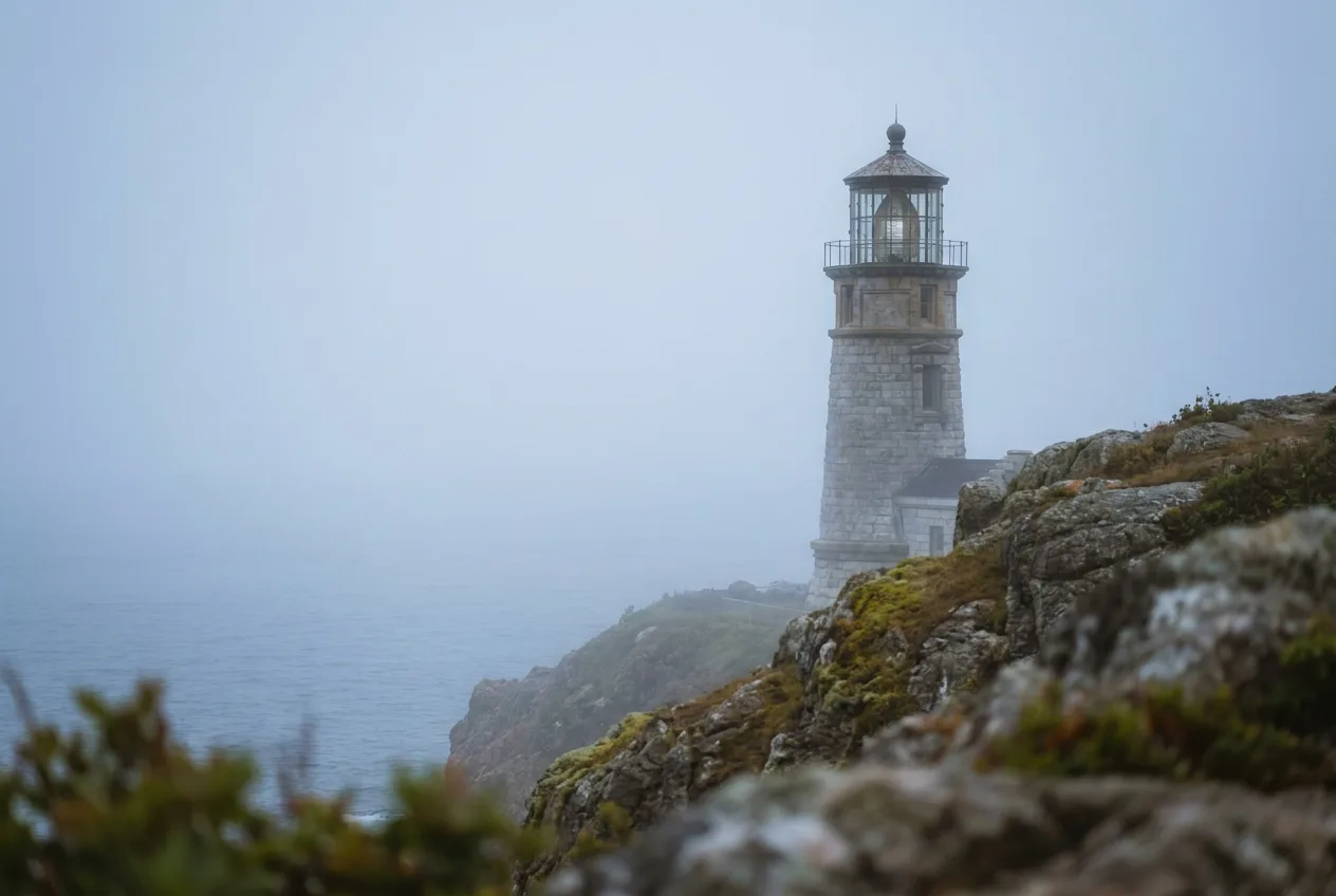 A lighthouse in morning fog
