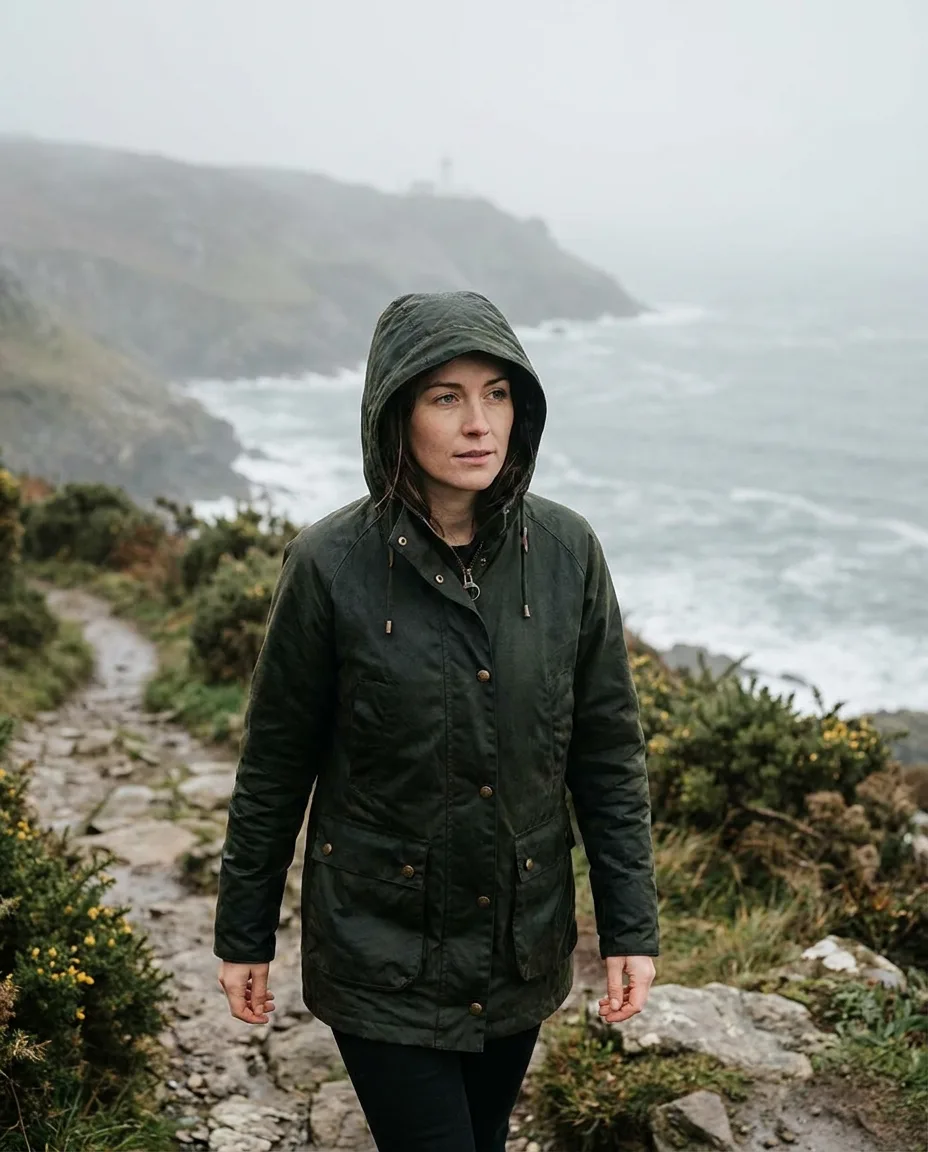 Example story: a woman in a hooded jacket on a misty seaside path