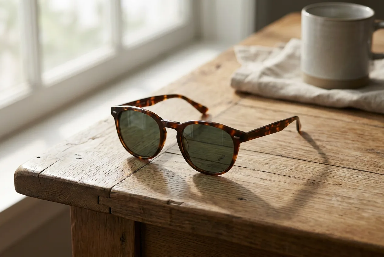 A pair of sunglasses on a sunlit table