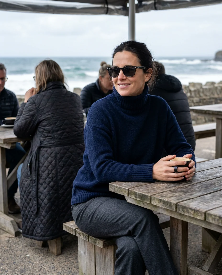 Example story: a woman in sunglasses at a seaside café