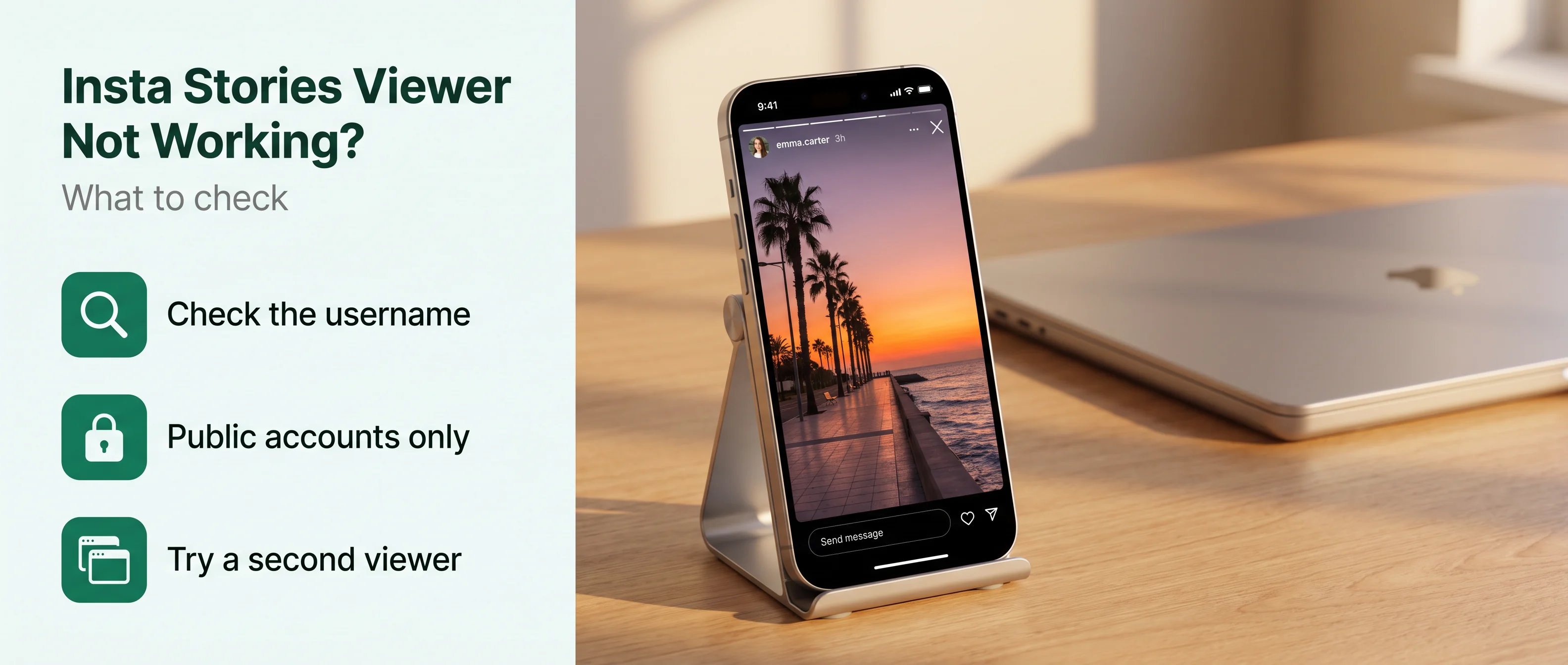 Insta Stories Viewer Not Working? What to check: check the username, public accounts only, try a second viewer. A laptop shows Something went wrong.