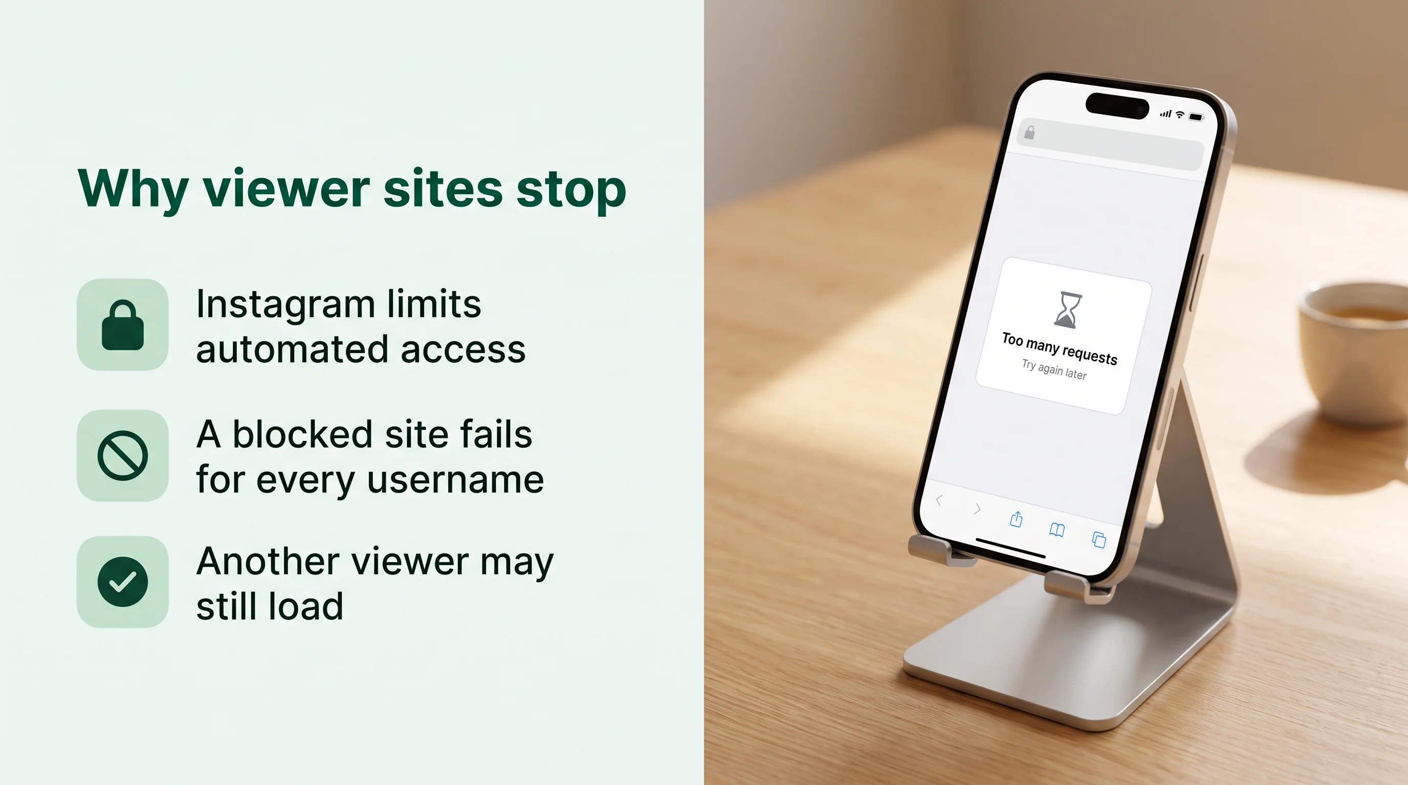 Why viewer sites stop: Instagram limits automated access, a blocked site fails for every username, another viewer may still load