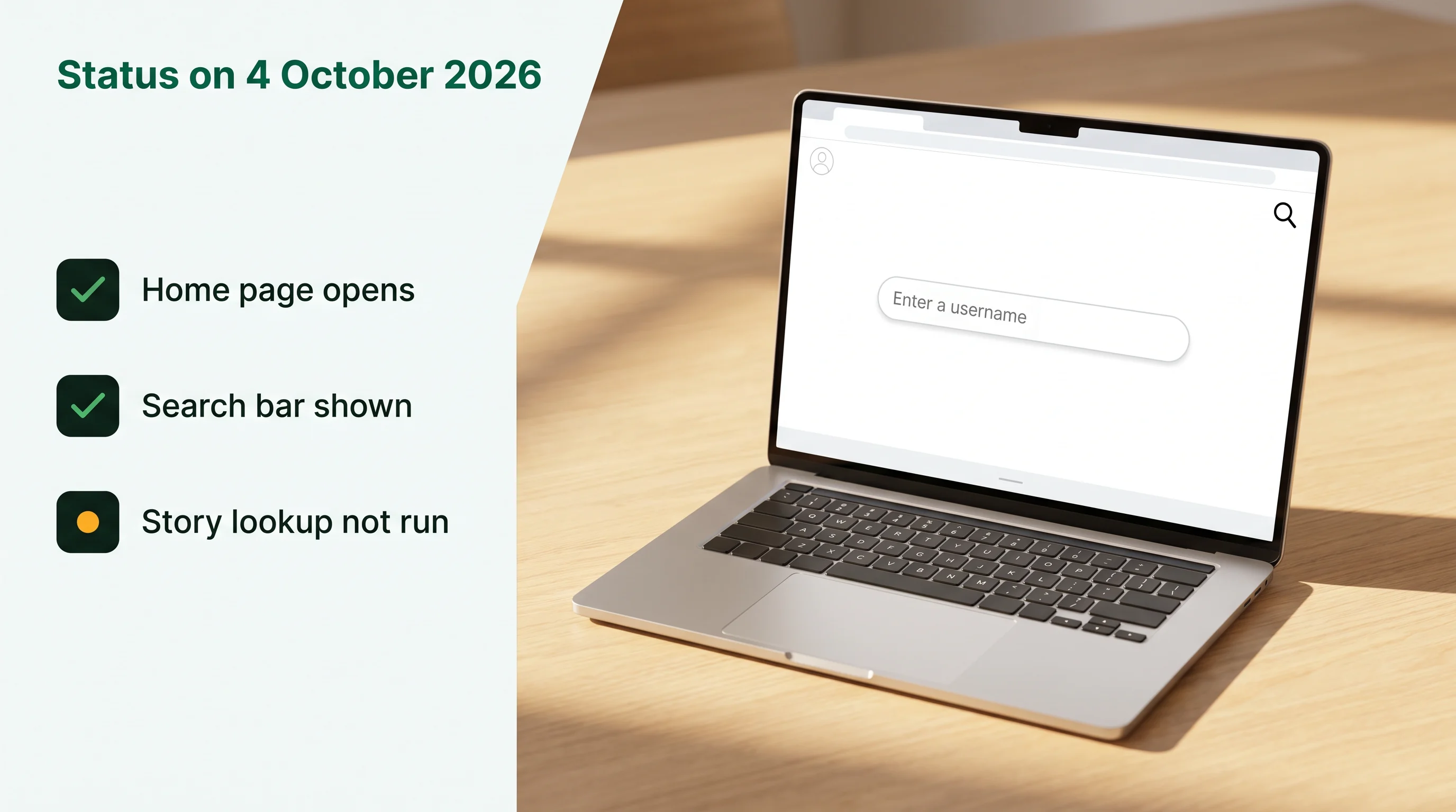 Status on 4 October 2026: home page opens, search bar shown, story lookup not run