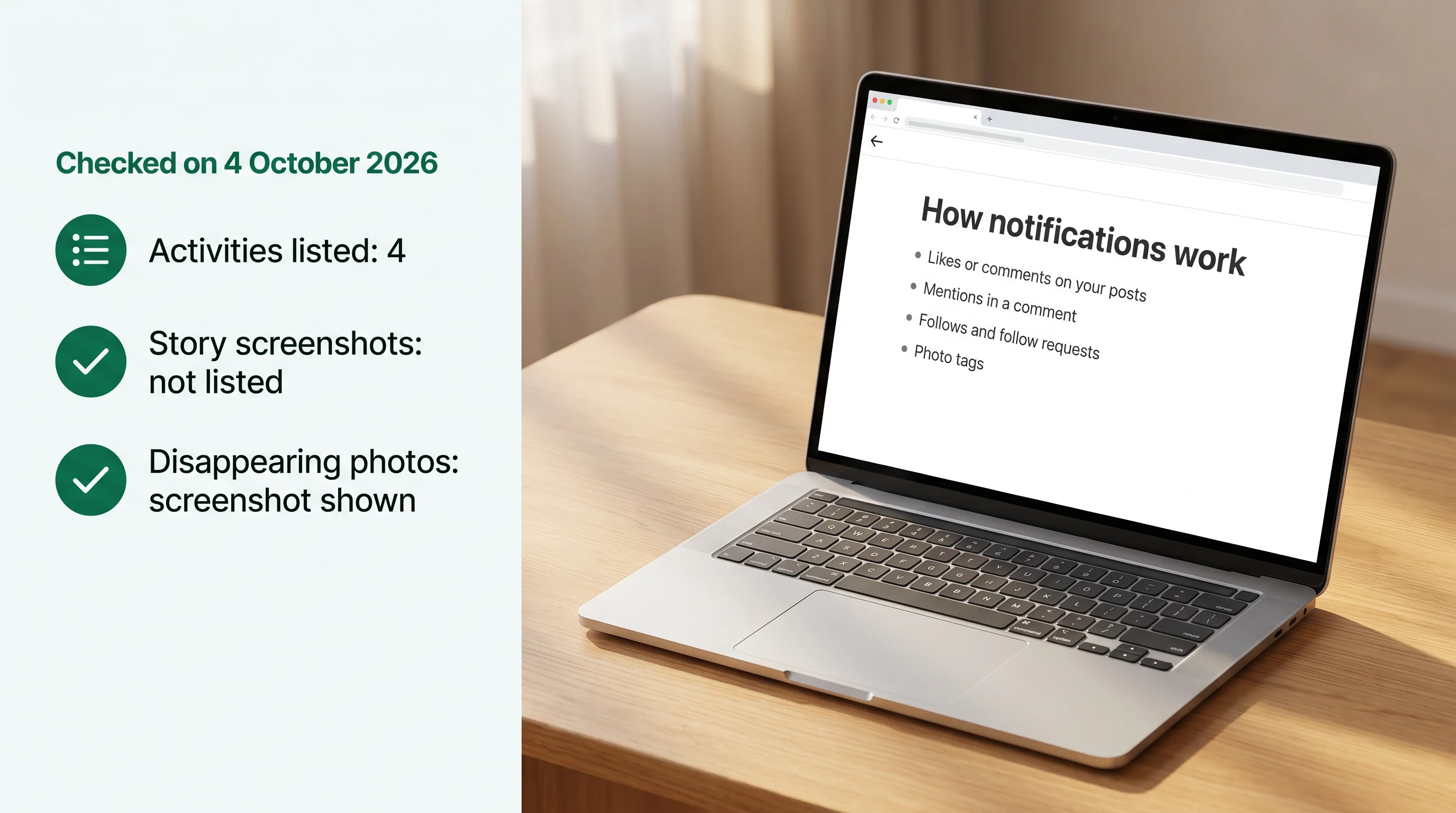 Checked on 4 October 2026: four activities listed, story screenshots not listed, disappearing photos show a screenshot