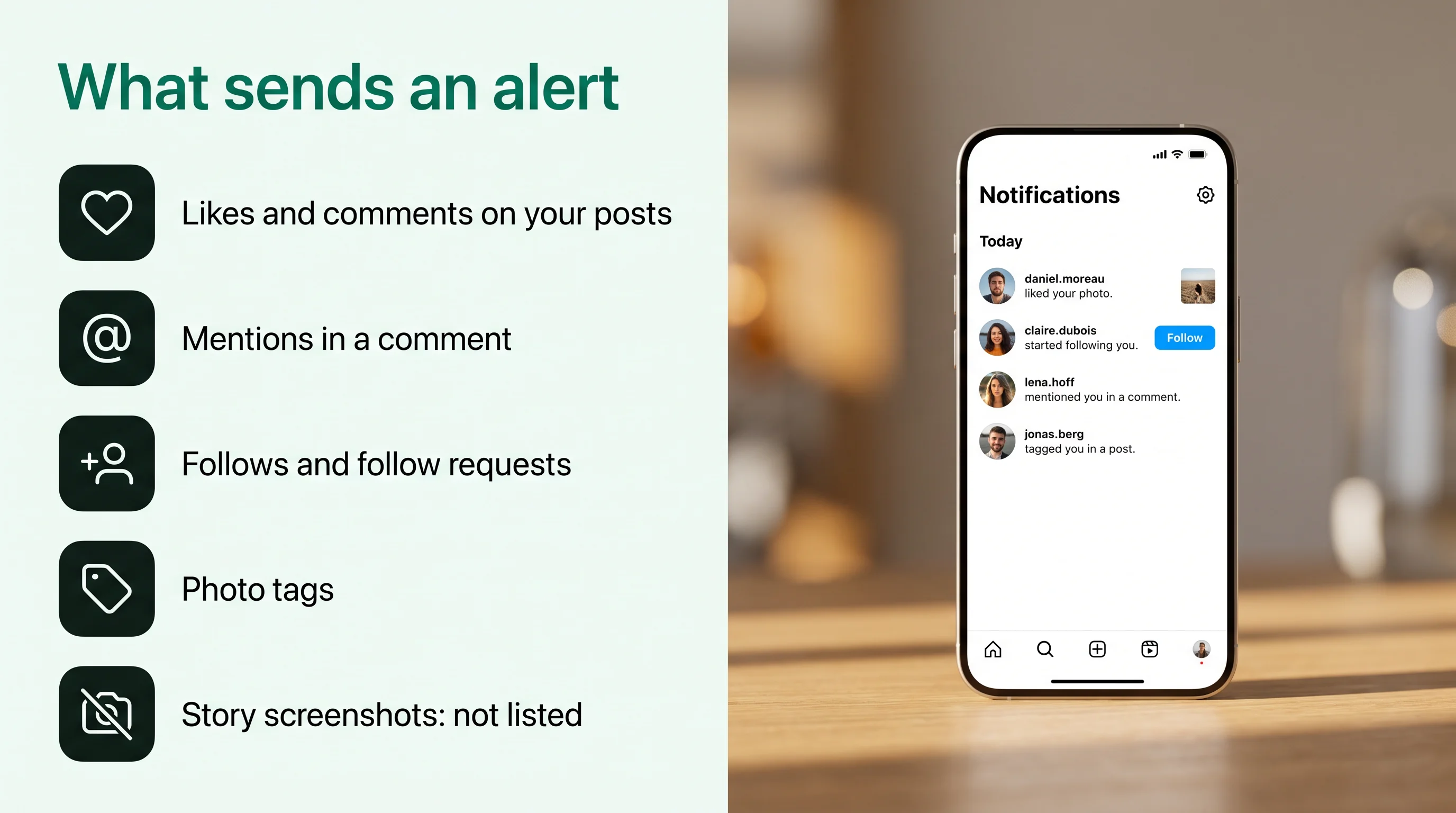 What sends an alert: likes and comments, mentions, follows and follow requests, photo tags; story screenshots are not listed. A phone shows Instagram's Notifications screen