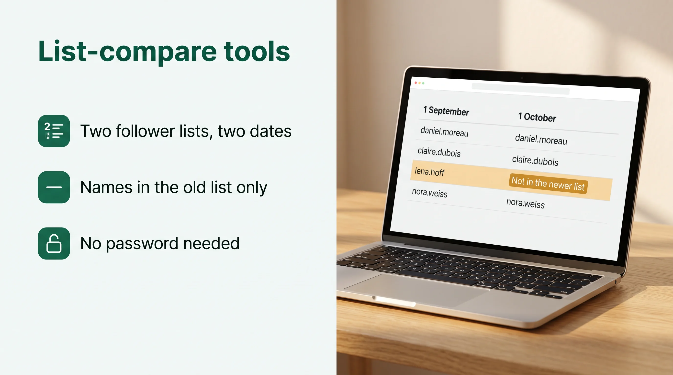 List-compare tools: two follower lists from two dates; the names in the old list only are the accounts that left