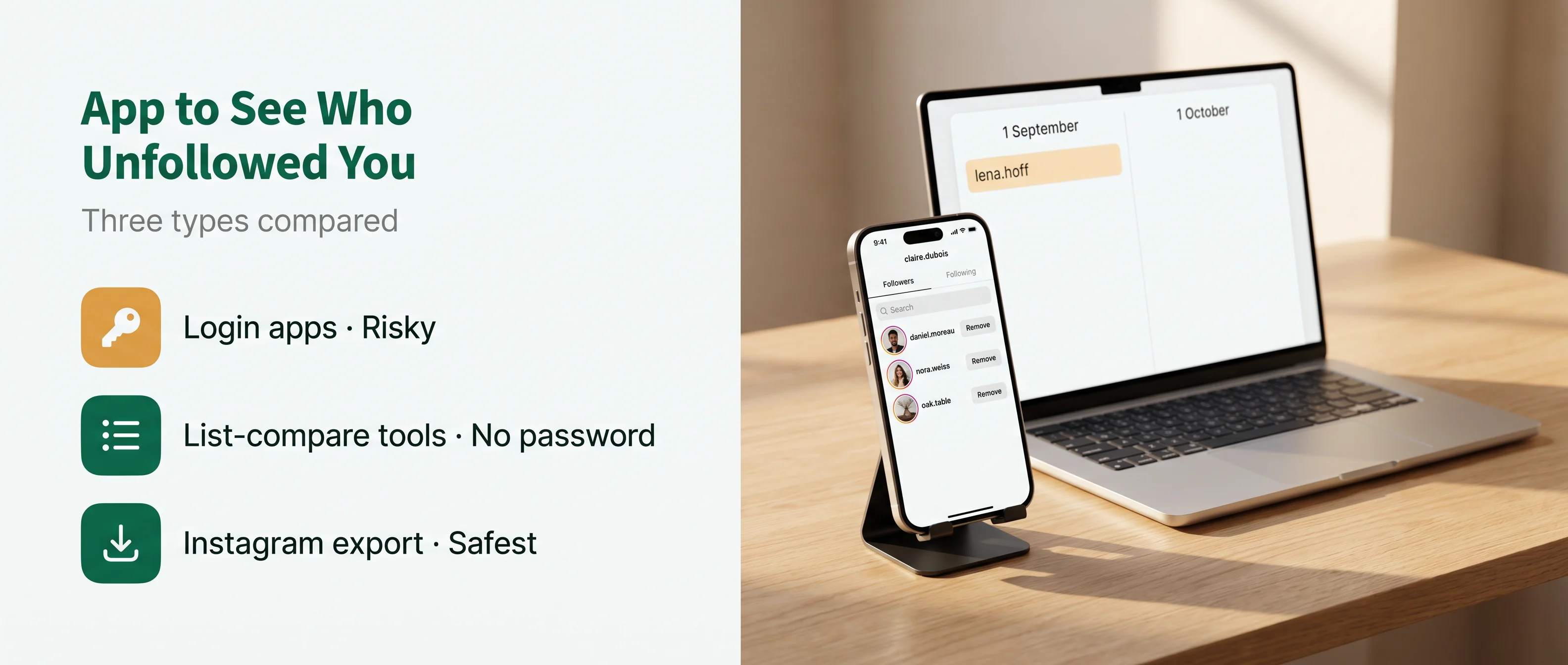 App to See Who Unfollowed You, three types compared: login apps, risky; list-compare tools, no password; Instagram export, safest