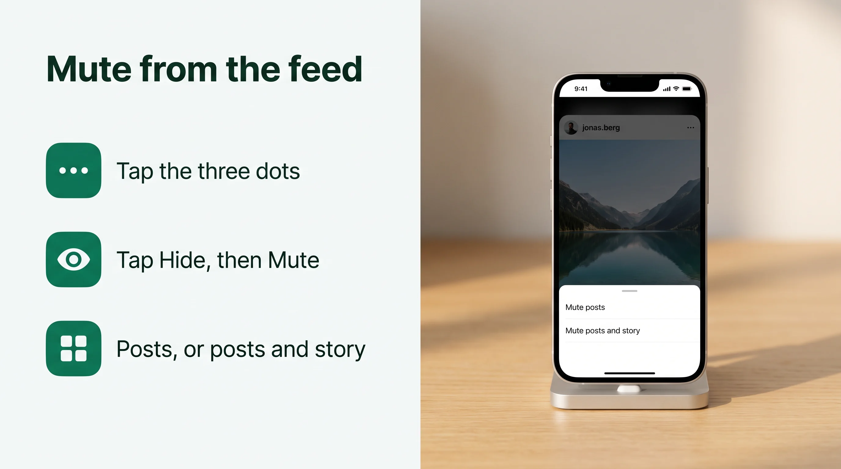 Mute from the feed: the post's options menu, Hide, then Mute posts or Mute posts and story