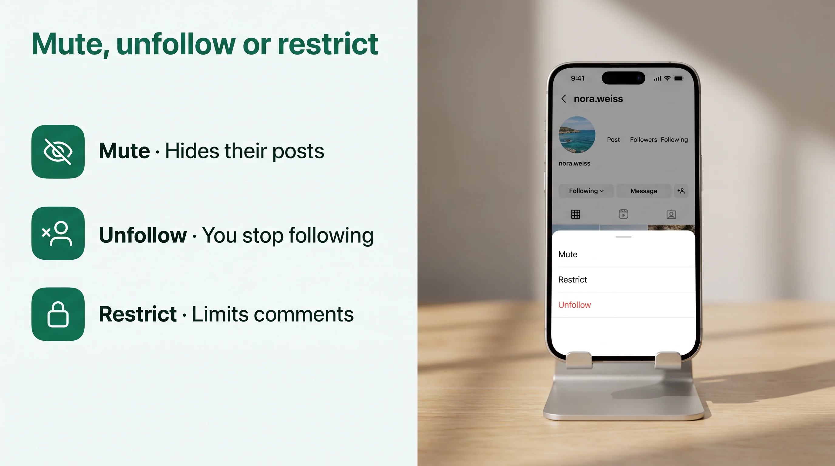 Mute hides their posts or stories, unfollow removes you from their followers, restrict limits their comments and messages