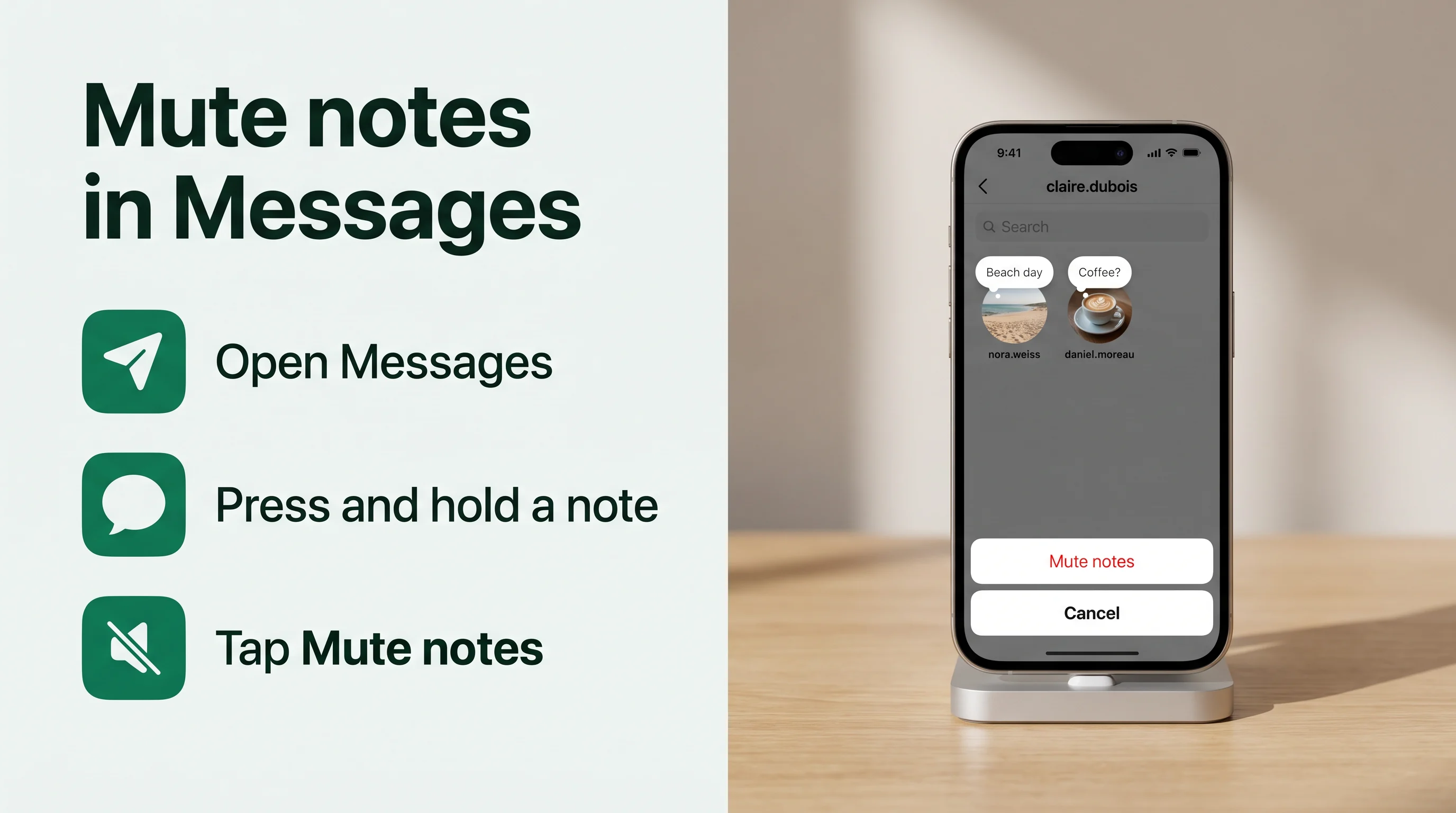 Mute notes from Messages: press and hold a note, then Mute notes; muting posts does not mute notes