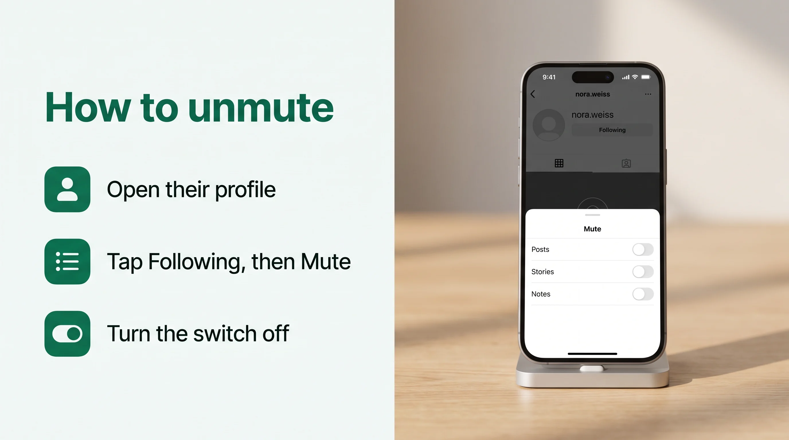 Unmute from their profile: Following, then Mute, then turn off Posts, Stories or Notes