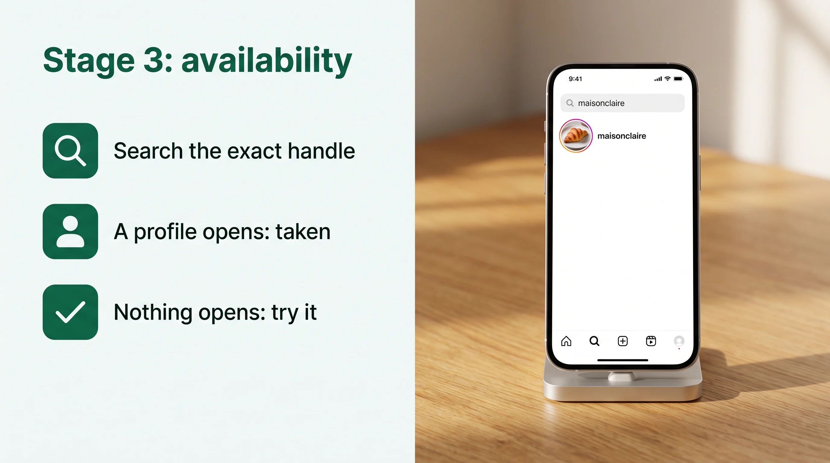 Stage 3: search the exact handle; if a profile opens, it is taken