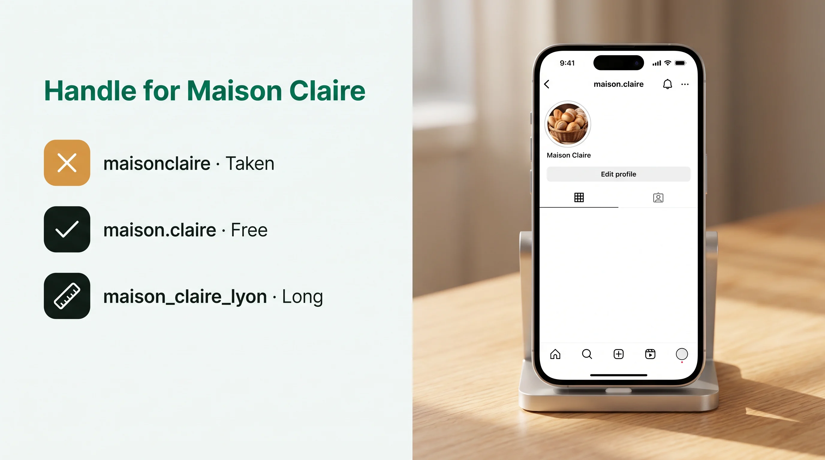 Maison Claire's handle: maisonclaire is taken, maison.claire is free and passes all three checks