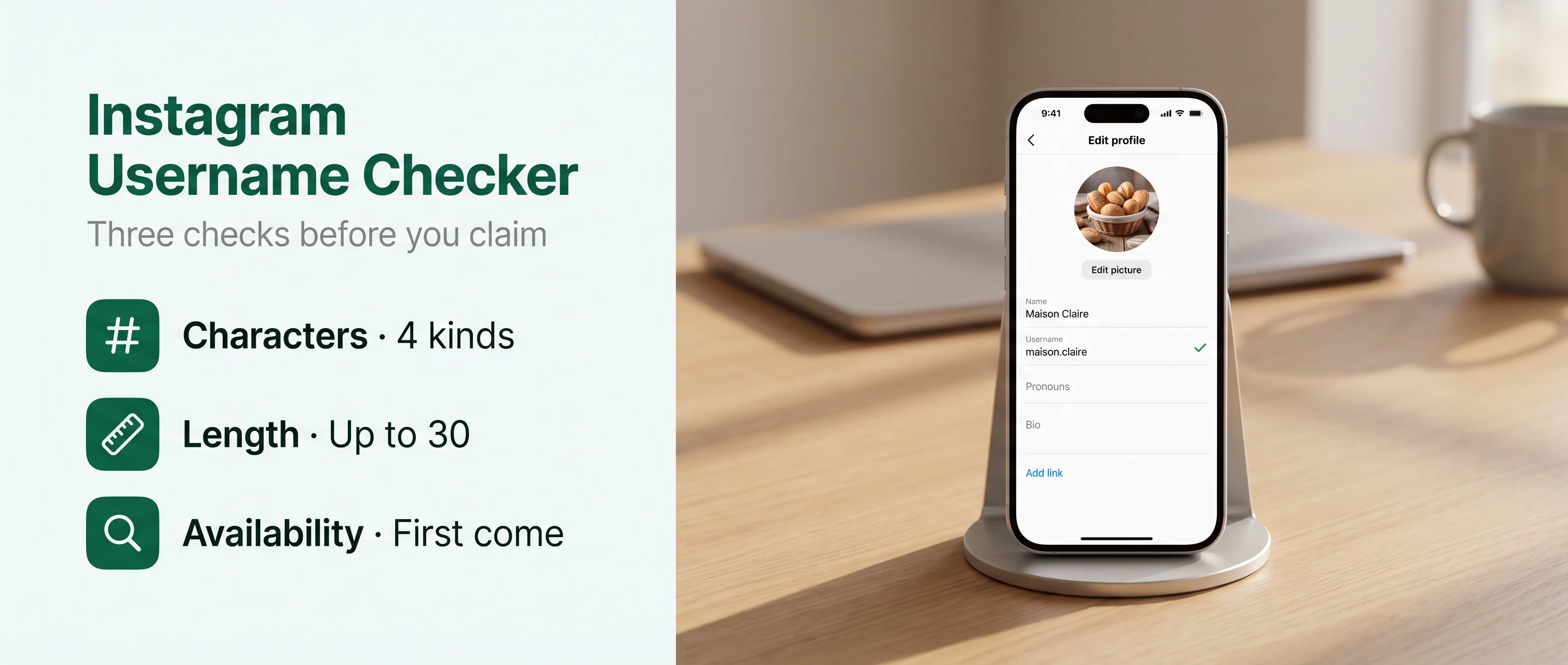 Instagram username checker in three stages: characters, length up to 30, and availability