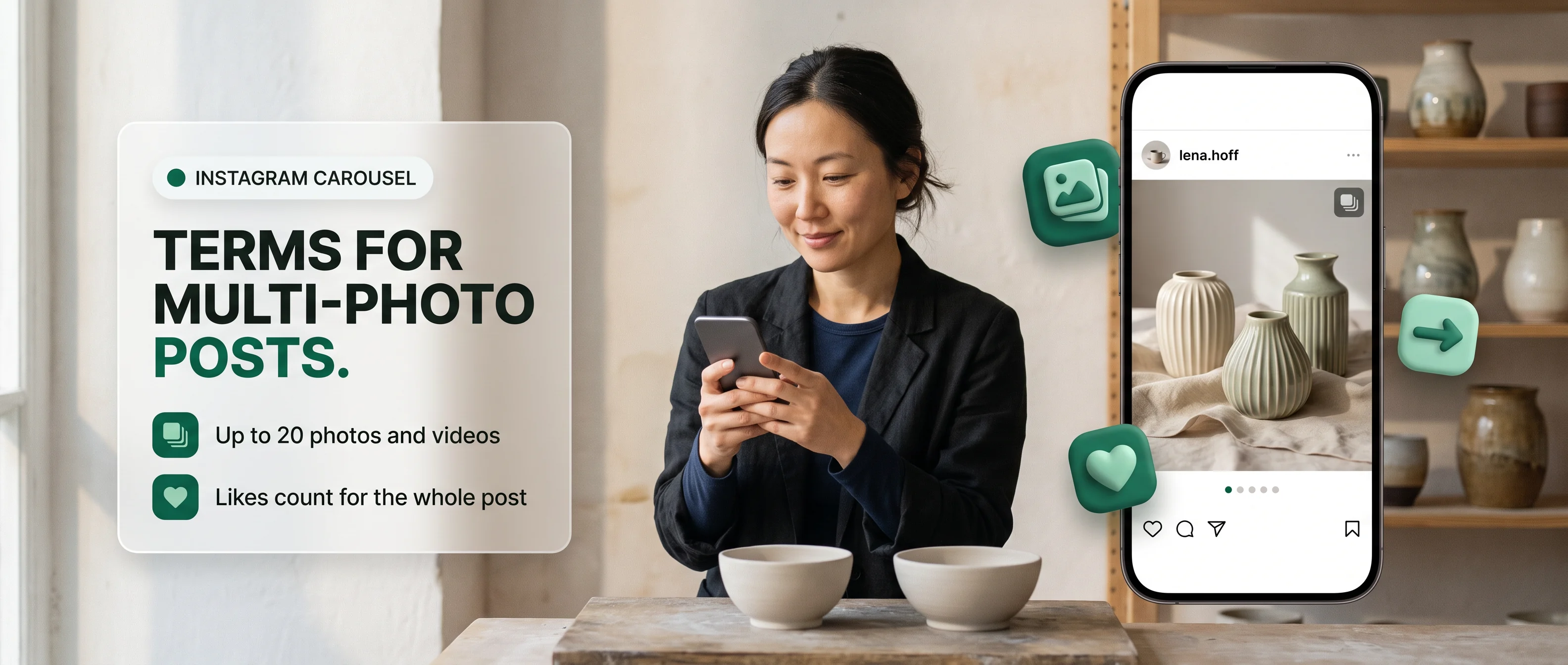 Instagram carousel terms: up to 20 photos and videos, one orientation, one or many captions, likes for the whole post