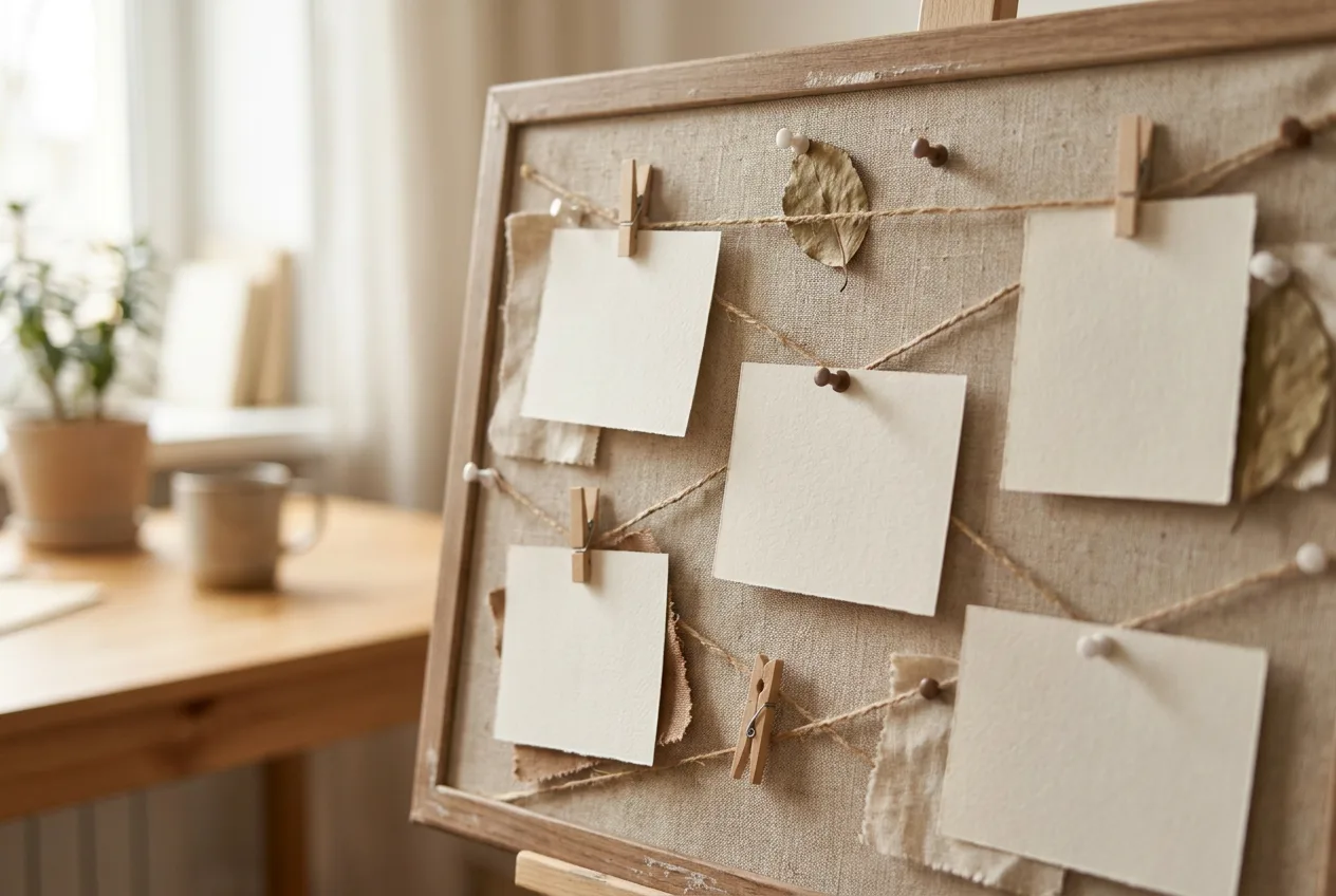 Handwritten-free note cards pinned to a cork board