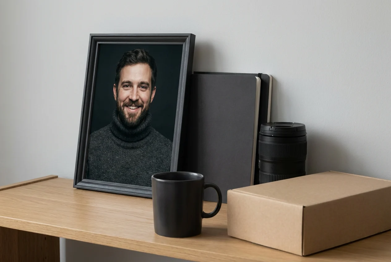 A framed portrait beside a camera lens on a shelf