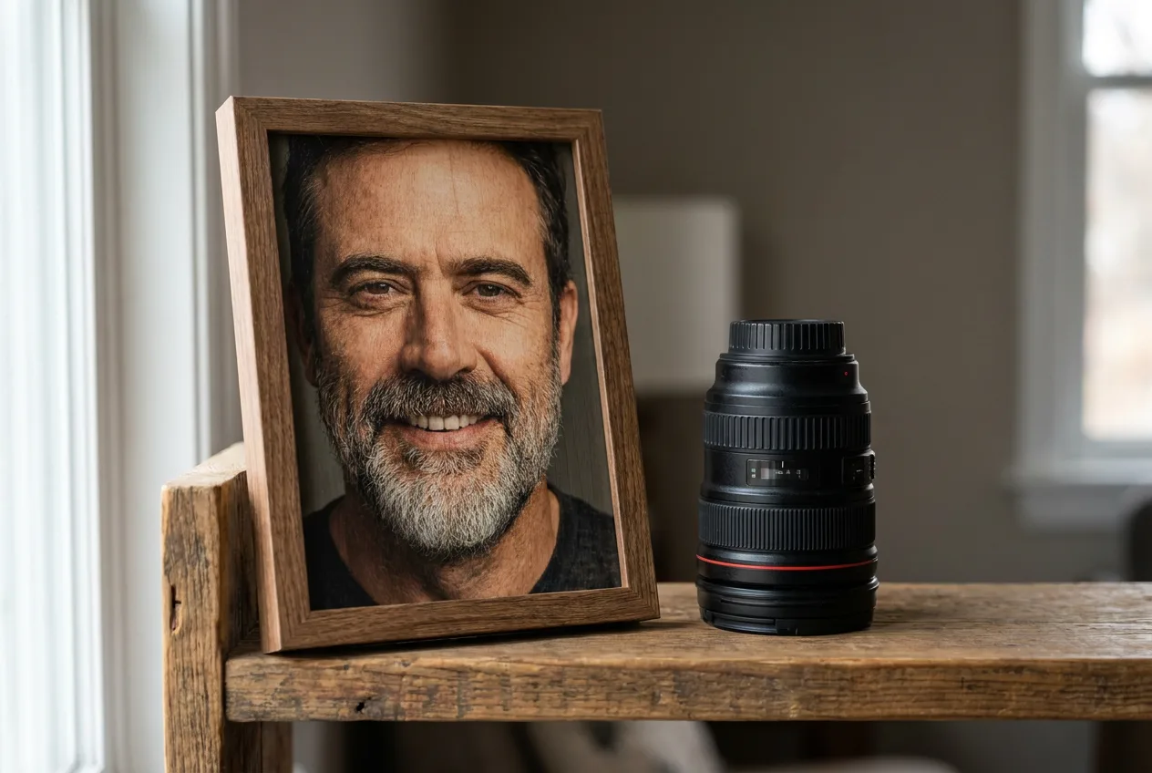A framed portrait beside a camera lens on a shelf