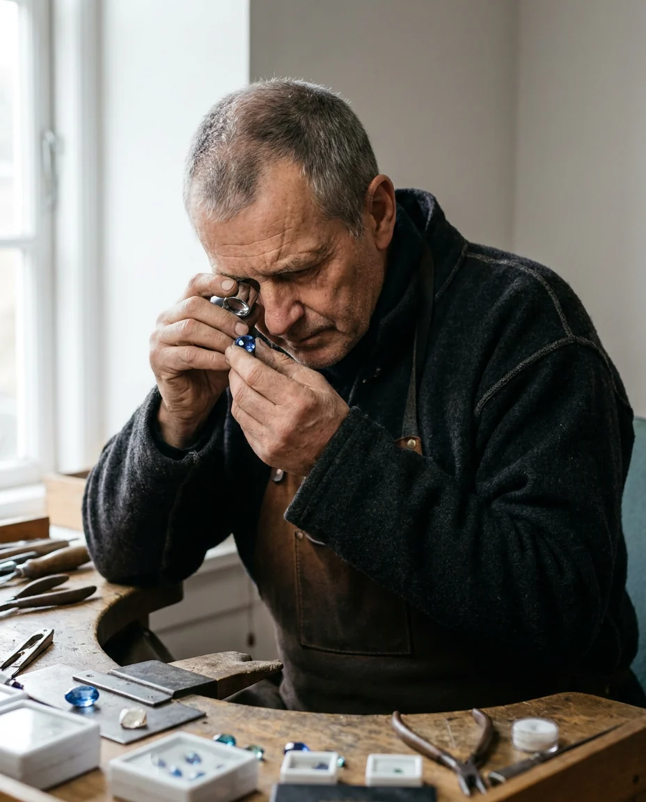 Example account photo: a jeweller examining a stone with a loupe