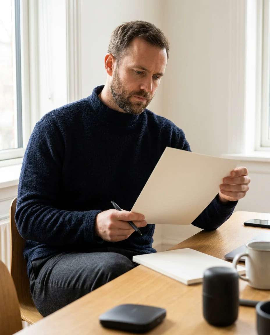 Example account photo: a man reviewing a printed list with a pen at a desk