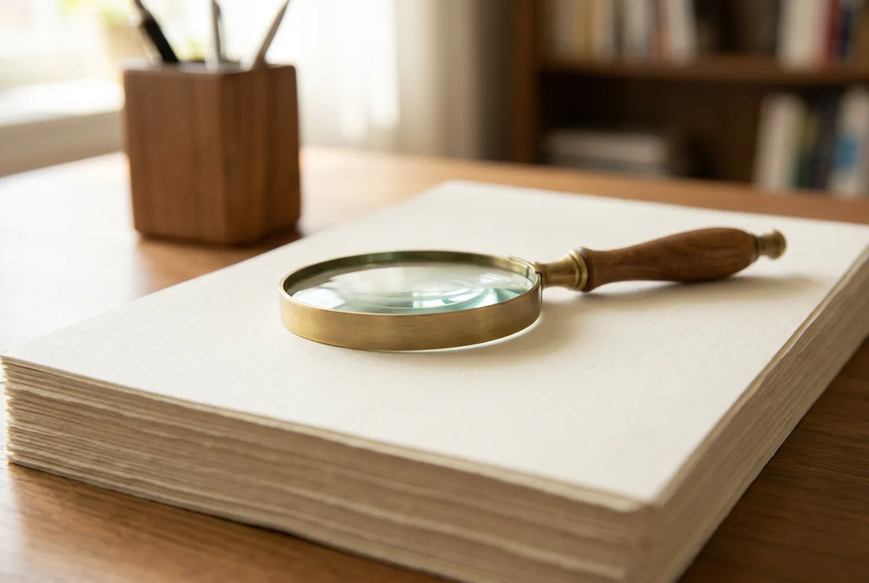 A magnifying glass on a stack of papers