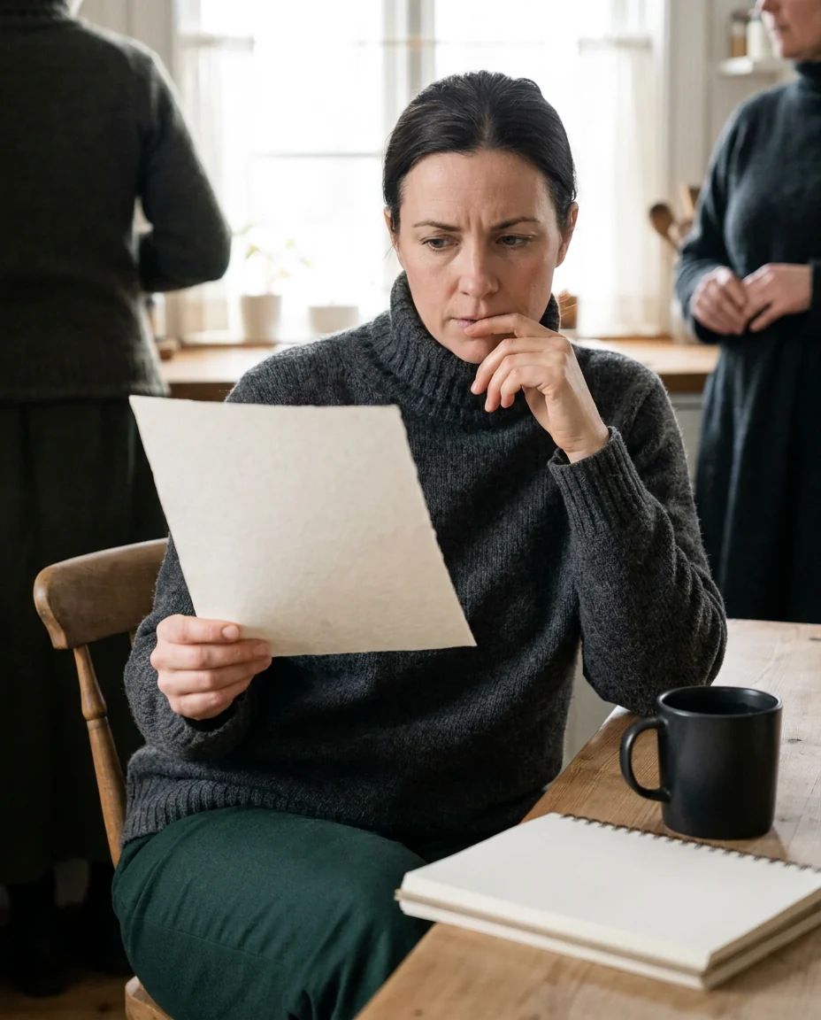 Example scene: a woman reading terms on a printed sheet at a kitchen table