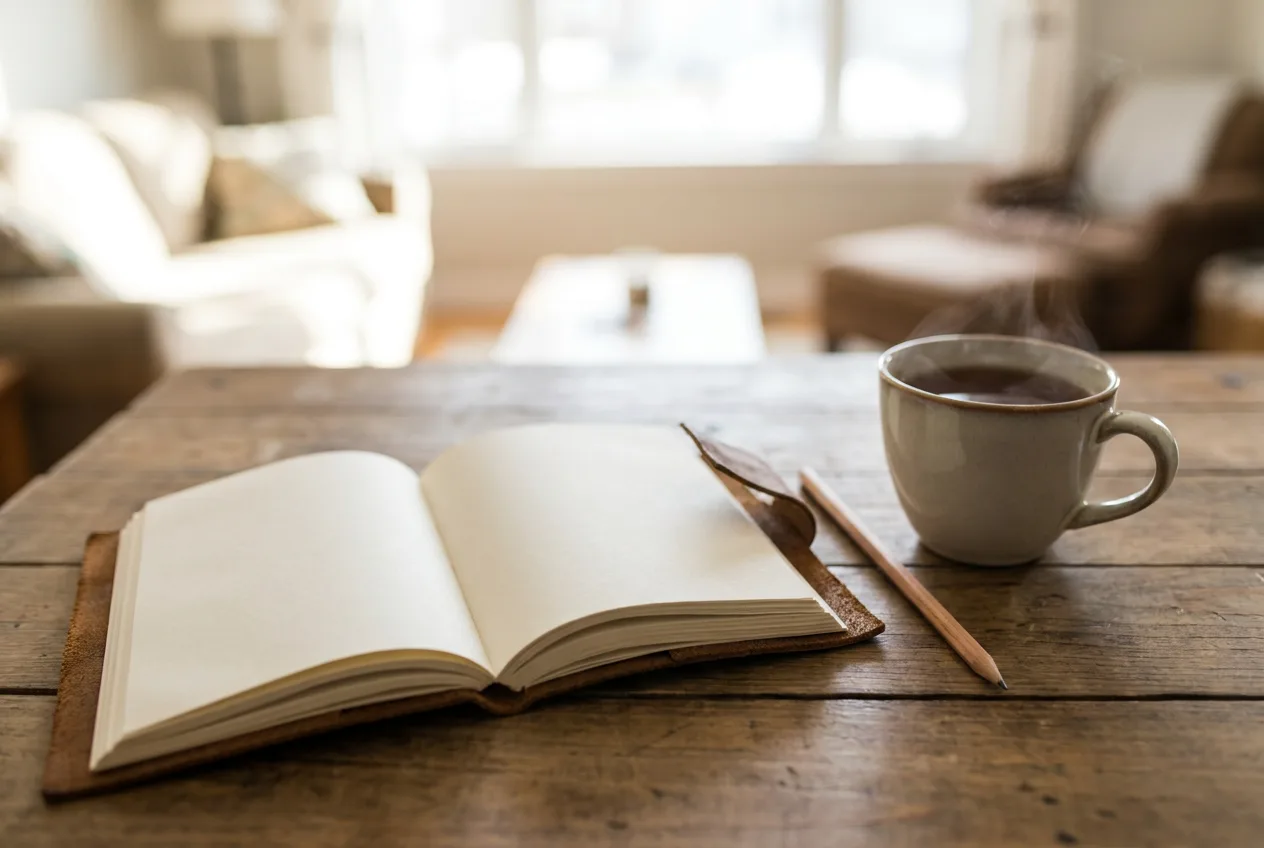 A notebook with a pencil and a cup of tea