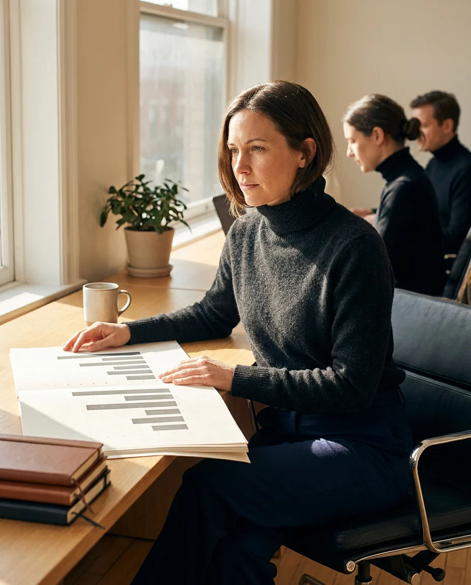 Example post: a woman reviewing printed charts at a sunlit desk