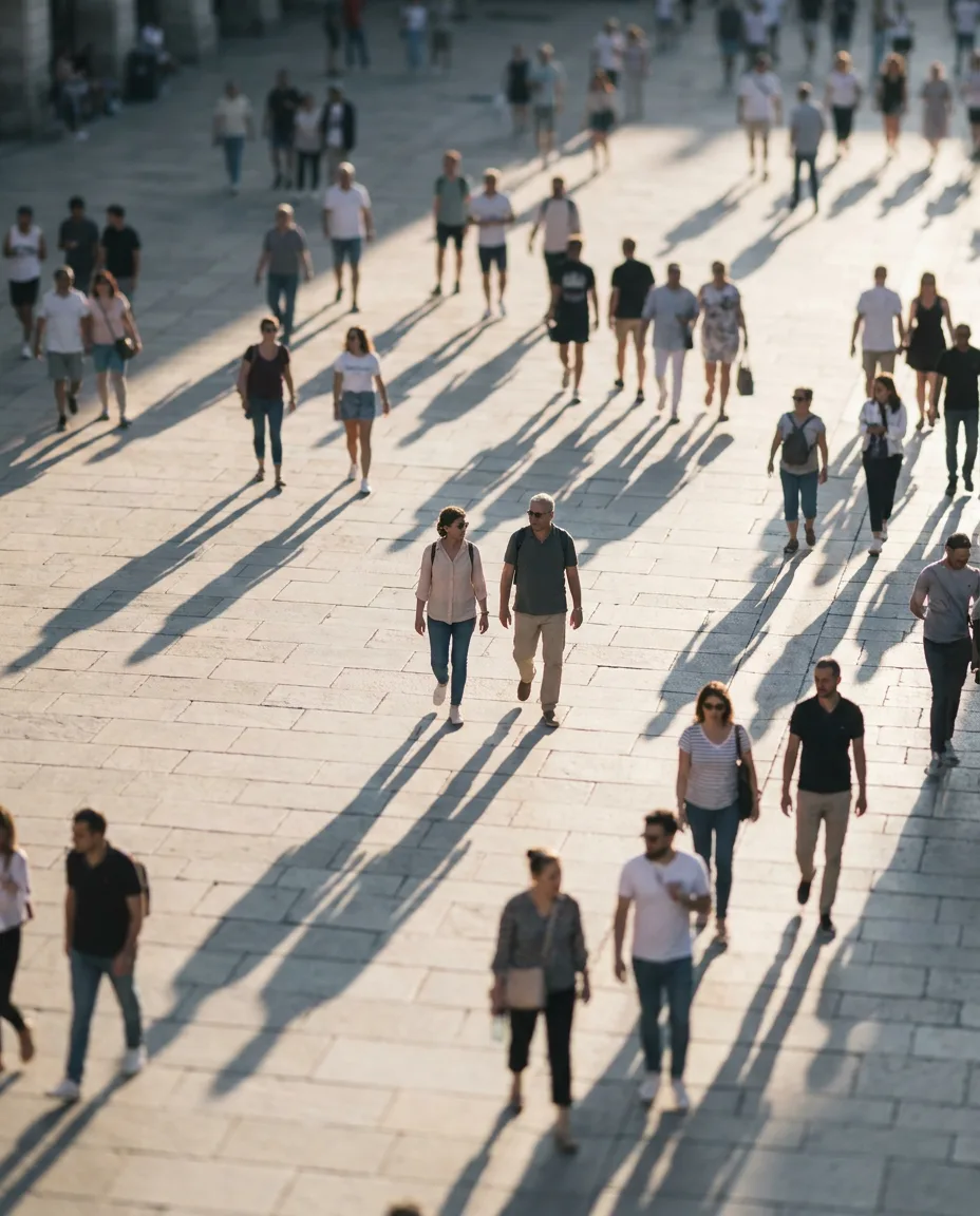 People crossing a sunlit plaza, seen from above