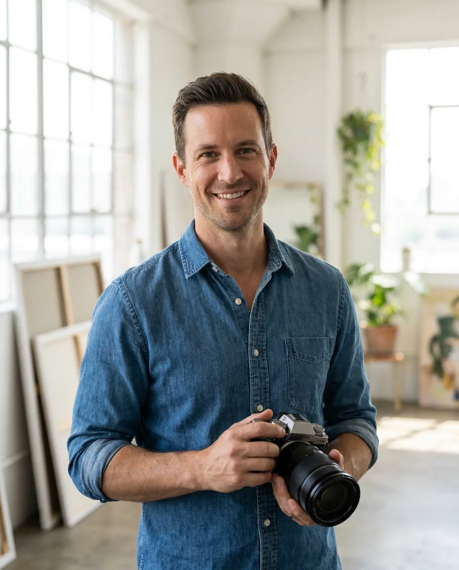 A man holding a camera in a bright studio
