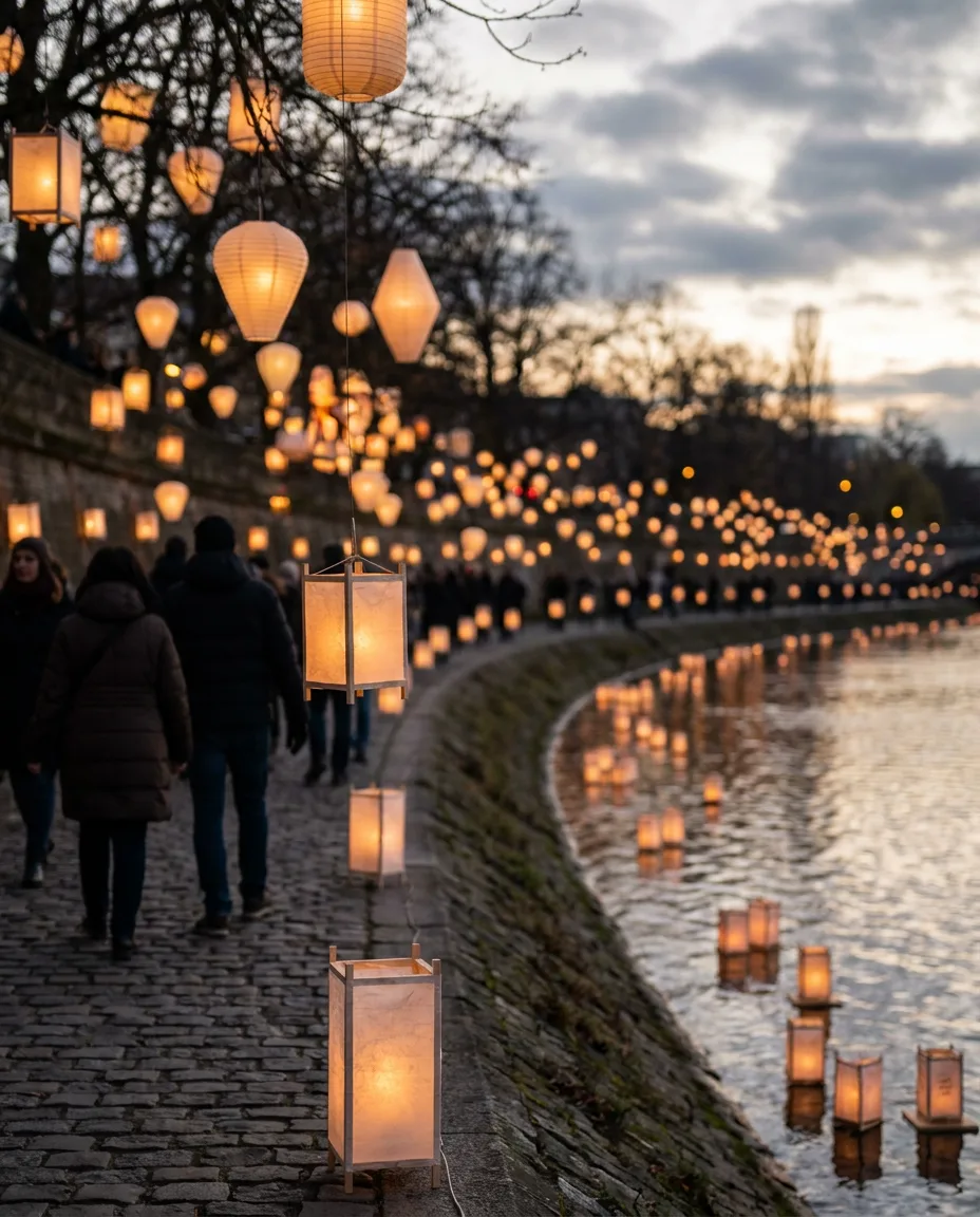 Lanterns along a riverside at dusk