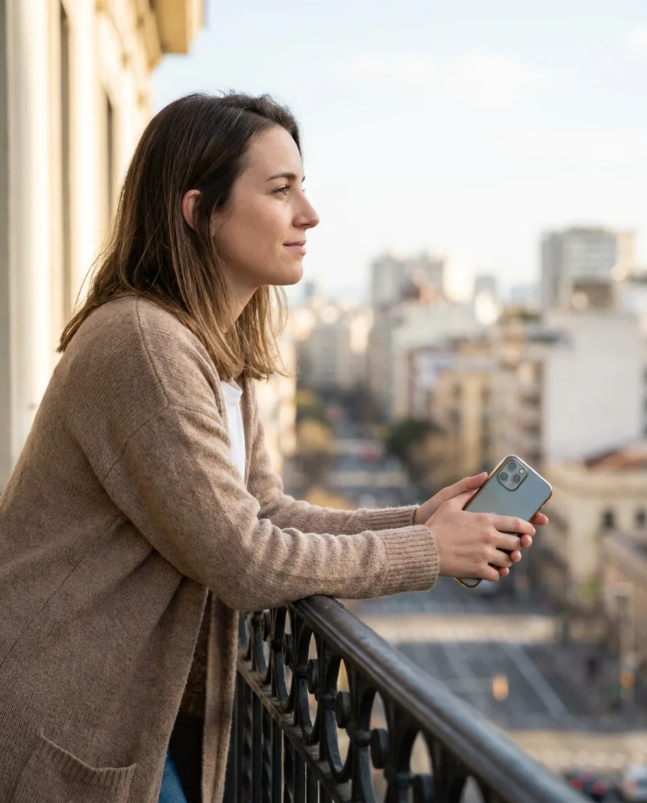 A woman holding a phone on a balcony above the city