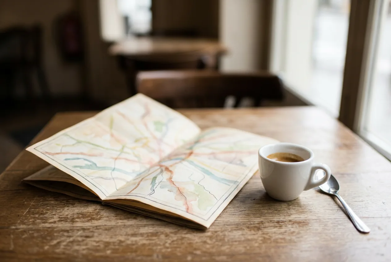 A folded paper map on a café table