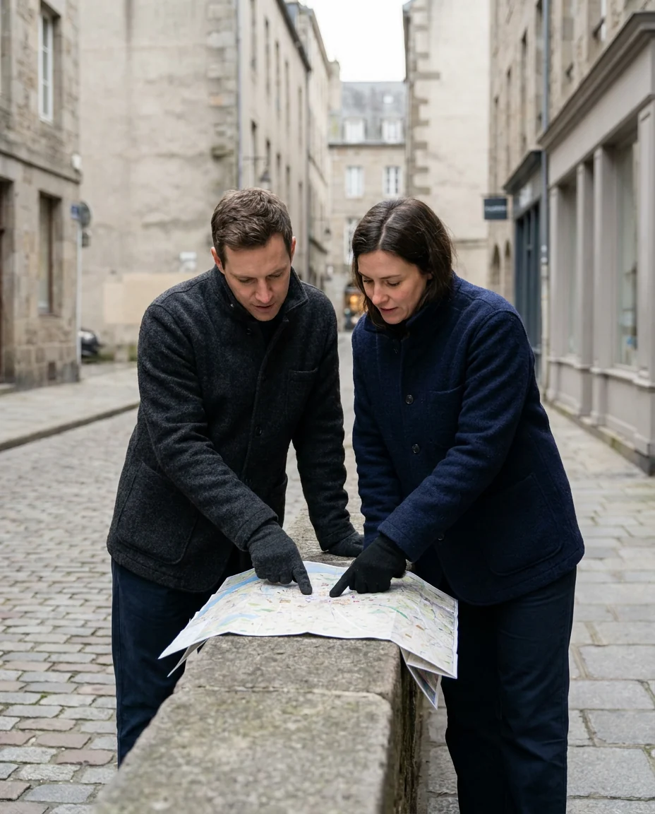 Example story: a couple looking at a map on a city street
