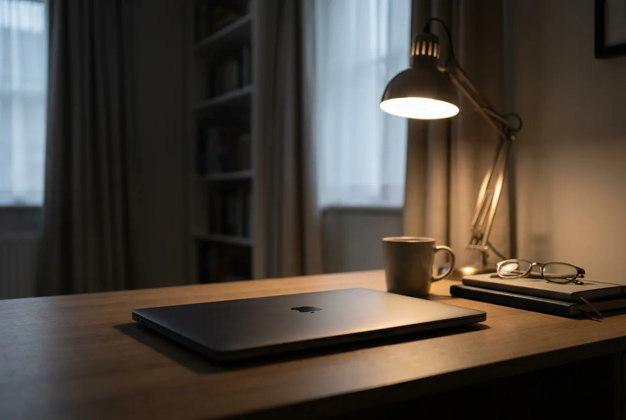 A laptop in a dim room with a desk lamp