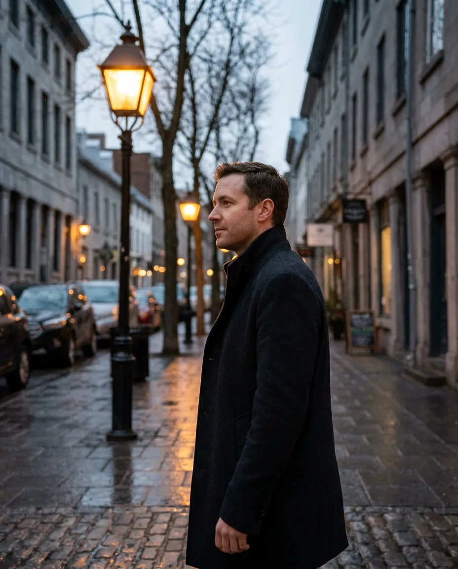 Example post: a man in a dark coat walking down a quiet evening street