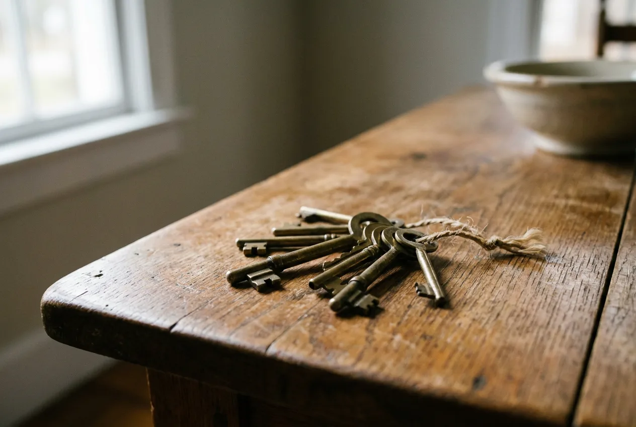A set of keys on a wooden table