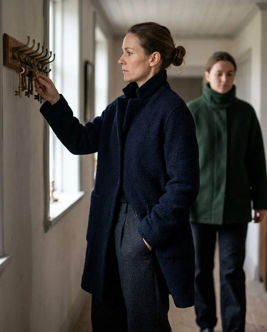 Example post: a woman choosing among several keys on a hook rack
