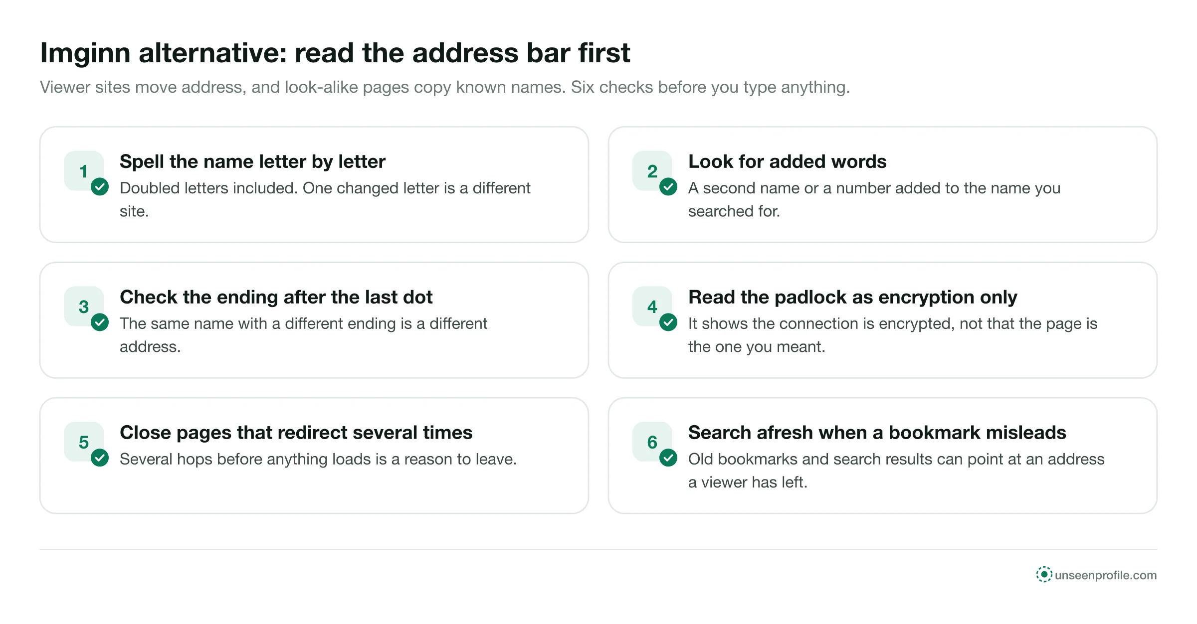 Six address bar checks: spelling, added words, the ending, the padlock, redirects and old bookmarks