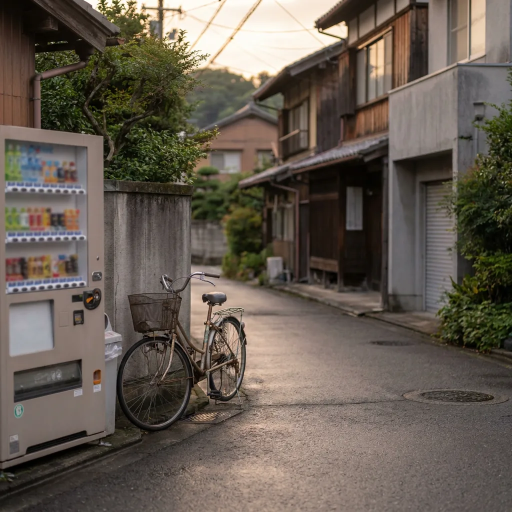 投稿の例:自転車と自動販売機のある夕方の街角
