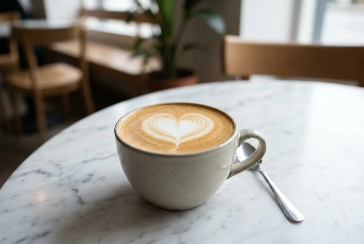 Heart latte art in a cup on a marble table