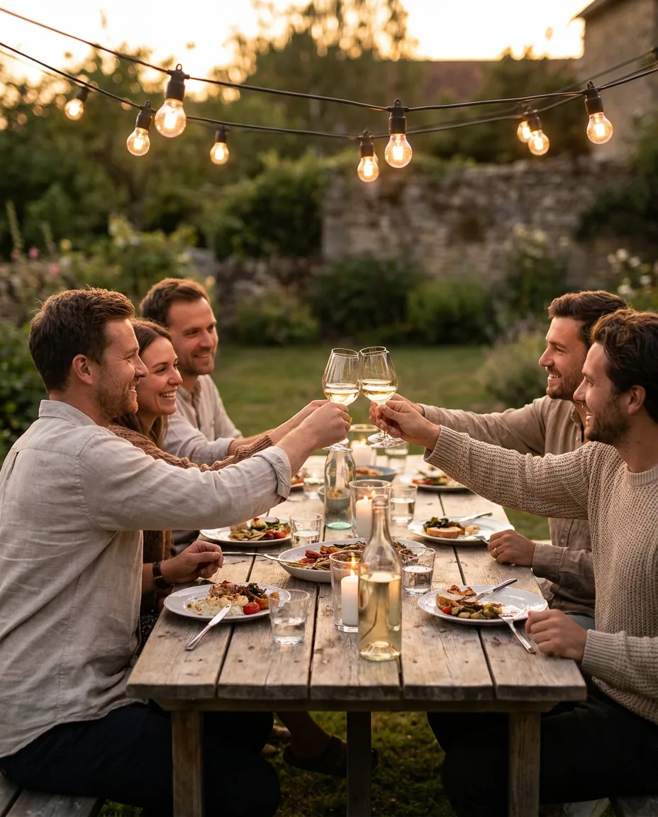Example post: friends toasting at an outdoor dinner under string lights