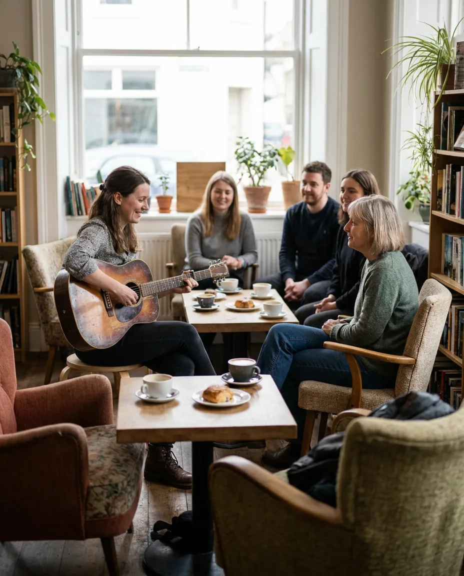 Example live: a musician playing guitar to a small crowd in a café