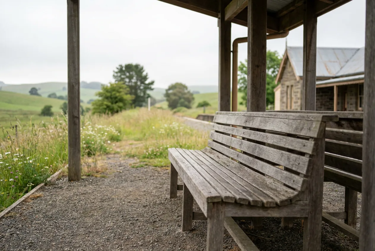 An empty platform bench at a small station