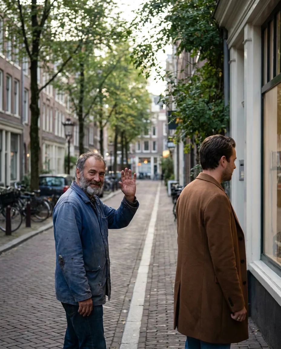 Example account photo: a man waving to a friend across a street who is looking away