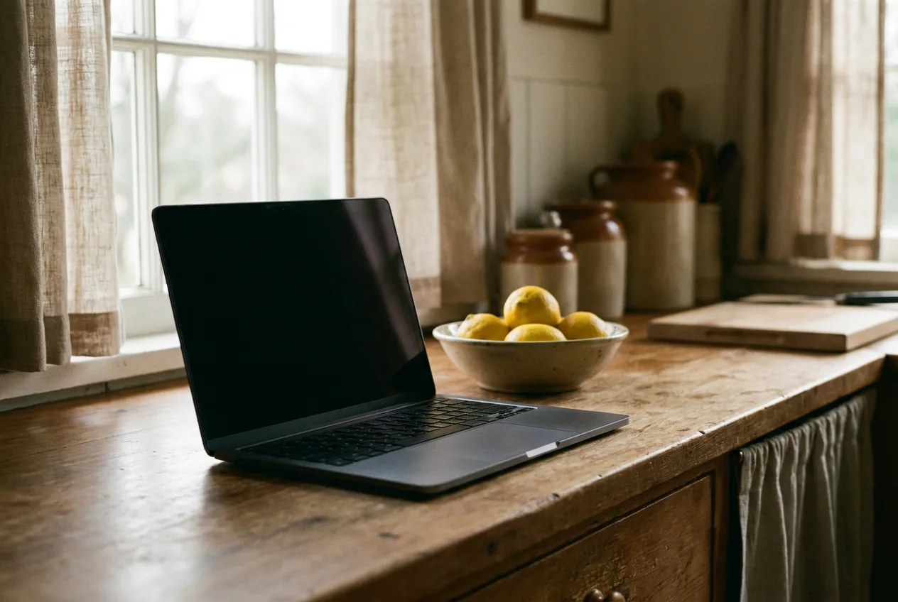 A laptop on a kitchen counter beside a bowl of lemons