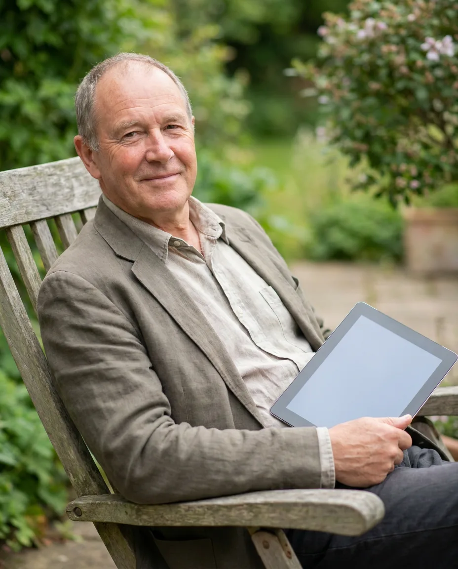 Example post: a man in a garden chair reading on a tablet