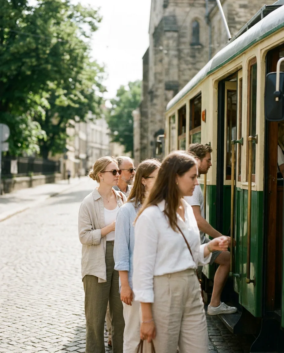 Example story: a queue of people boarding a tram