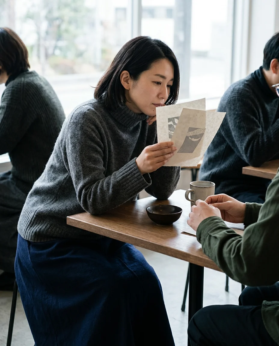 Example scene: a woman comparing two options on a printed sheet at a café