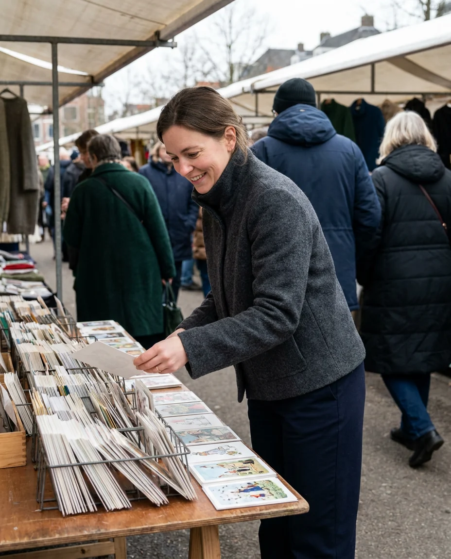 Example post: a woman browsing postcards at a street stall